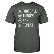 Load image into Gallery viewer, Football. Turkey. Nap. Repeat. - T Shirt - men_charcoal_fe84730e-f5d4-4a00-9ff1-3e5757af8e4a