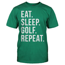 Load image into Gallery viewer, Eat Sleep Golf Repeat - T Shirt - men_kellygreen_43bf2757-b090-4c1d-bb59-221e8de34d1b