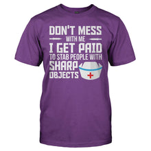 Load image into Gallery viewer, I Get Paid to Stab People With Sharp Objects - T Shirt - men_purple_e2687c64-947a-4bca-8de2-19eb4e0cc0ca