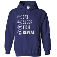Load image into Gallery viewer, Eat. Sleep. Fish. Repeat. - T Shirt - navyblue_8b2f9a72-398e-4e57-95c2-5ccd09b42a77