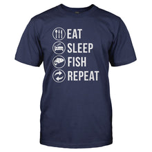 Load image into Gallery viewer, Eat. Sleep. Fish. Repeat. - T Shirt - navyblue_a93b9a41-18e0-415c-8758-d6d7f8cd2ea2