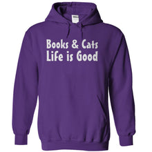 Load image into Gallery viewer, Books &amp; Cats. Life Is Good. - T Shirt - purple_4395d216-db6f-4bea-bf4d-5b93171e3f07