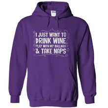 Load image into Gallery viewer, Drink Wine, Play With My Bulldog and Take Naps - T Shirt - purple_93a511bb-341e-4d07-8ae5-112972b7db82