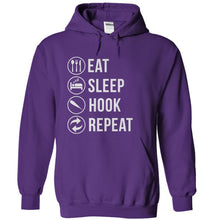 Load image into Gallery viewer, Eat Sleep Hook Repeat - T Shirt - purple_b9594b3b-afc9-4554-952d-c765add72747