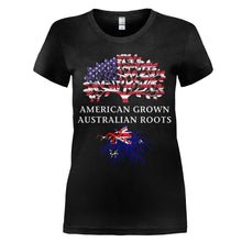 Load image into Gallery viewer, American Grown, Australian Roots - T Shirt - women_black_a0a228e7-452d-4473-ac46-53df47e39889