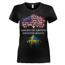 Load image into Gallery viewer, American Grown, Swedish Roots - T Shirt - women_black_e3511ebc-fb7b-4d5e-a572-cf4eebf218b2