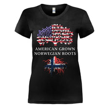 Load image into Gallery viewer, American Grown, Norwegian Roots - T Shirt - women_black_fc57ecdb-fd44-44c1-95cc-60e042ecd34e