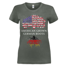 Load image into Gallery viewer, American Grown, German Roots - T Shirt - women_charcoal_0e1e34fc-1c04-4e57-a48f-ca0b6dbd1daf