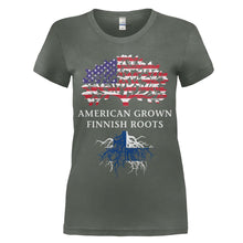 Load image into Gallery viewer, American Grown, Finnish Roots - T Shirt - women_charcoal_5049cc47-6c8d-4d20-ae22-32c8a89d5e4d