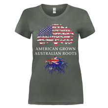 Load image into Gallery viewer, American Grown, Australian Roots - T Shirt - women_charcoal_d23a5516-1dad-4962-a4da-6045b50140dd